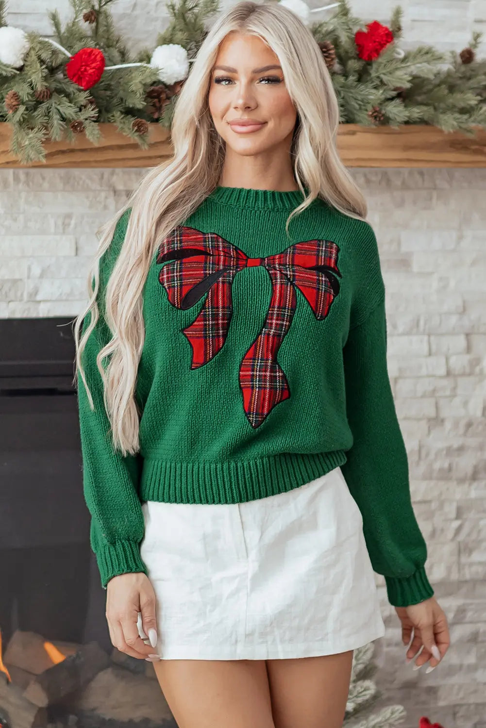 Evergreen Plaid Bow Graphic Christmas Sweater Dear-Lover Dropshipping