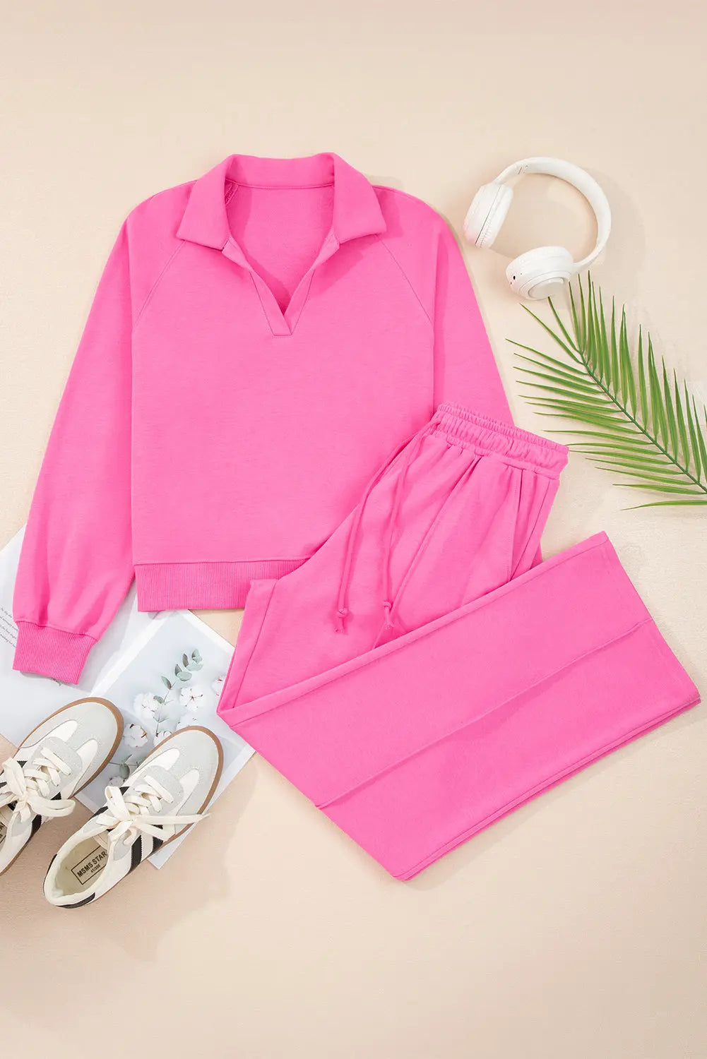 Sachet Pink Solid Color Collared Pullover and Central Seam Pants Set Dear-Lover Dropshipping