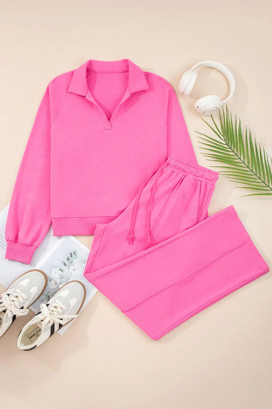 Sachet Pink Solid Color Collared Pullover and Central Seam Pants Set Dear-Lover Dropshipping