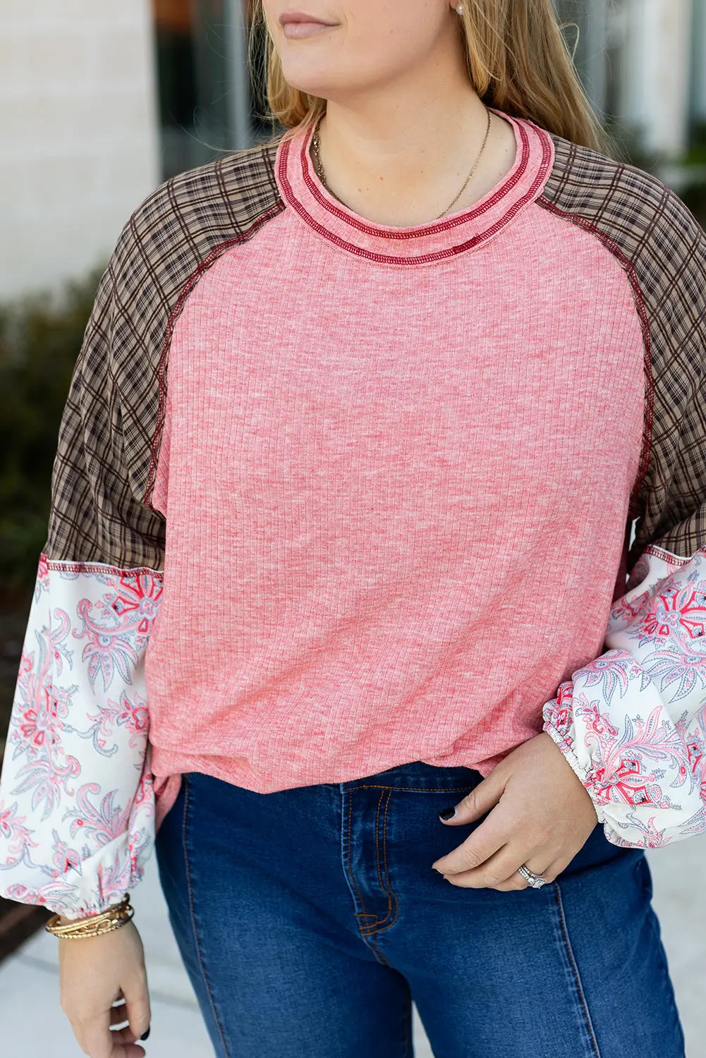 Pink Checkered Paisley Patchwork Raglan Sleeve Seamed Plus Size Top Dear-Lover Dropshipping