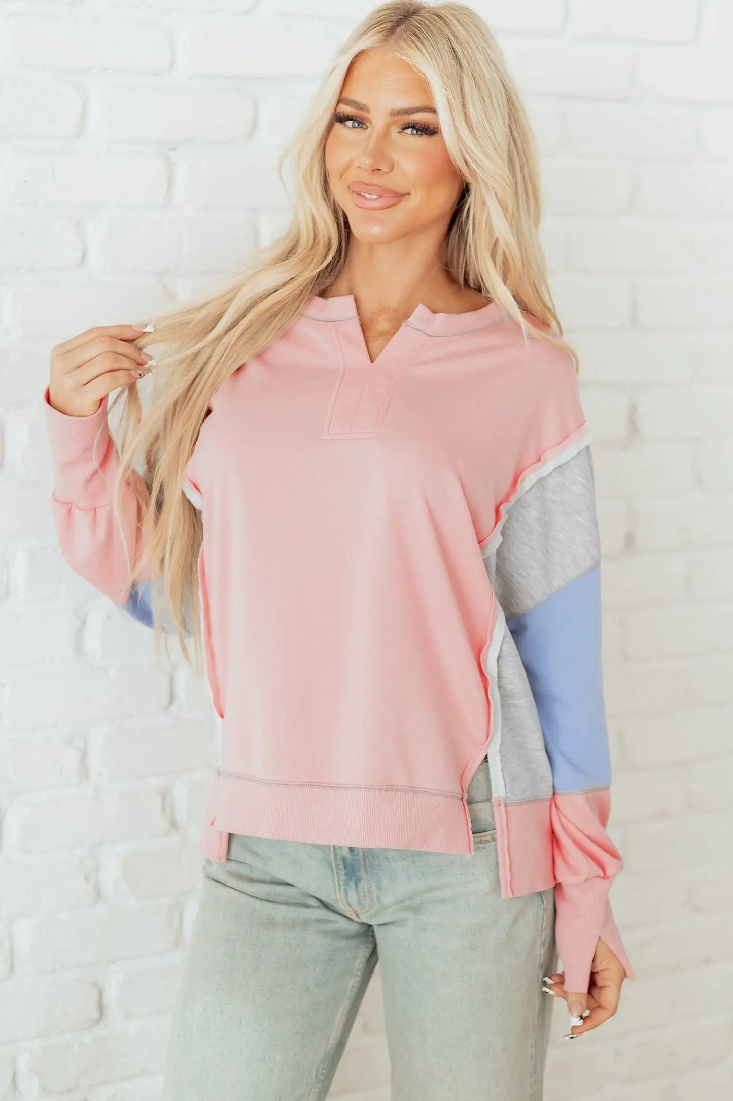 Apricot Pink Exposed Seam Color Block Patchwork Slit Cuffs Oversize Sweatshirt