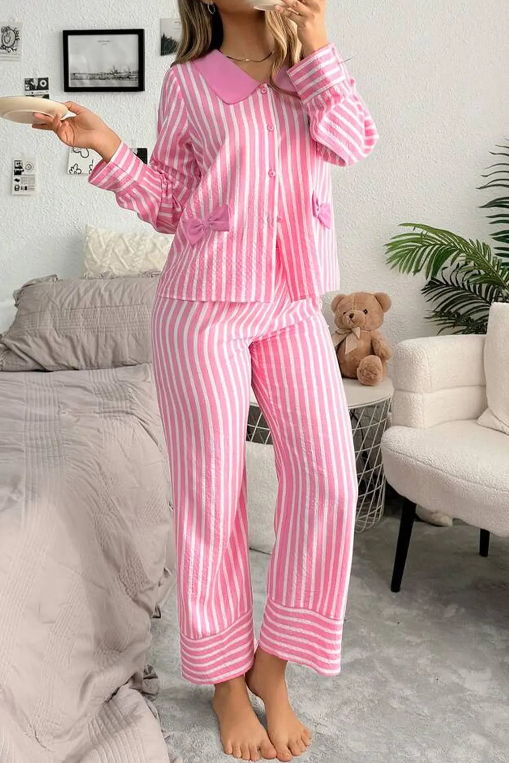 Pink Stripe Buttoned Front Long Sleeve Top and Pants 2 Piece Sleepwear Dear-Lover Dropshipping