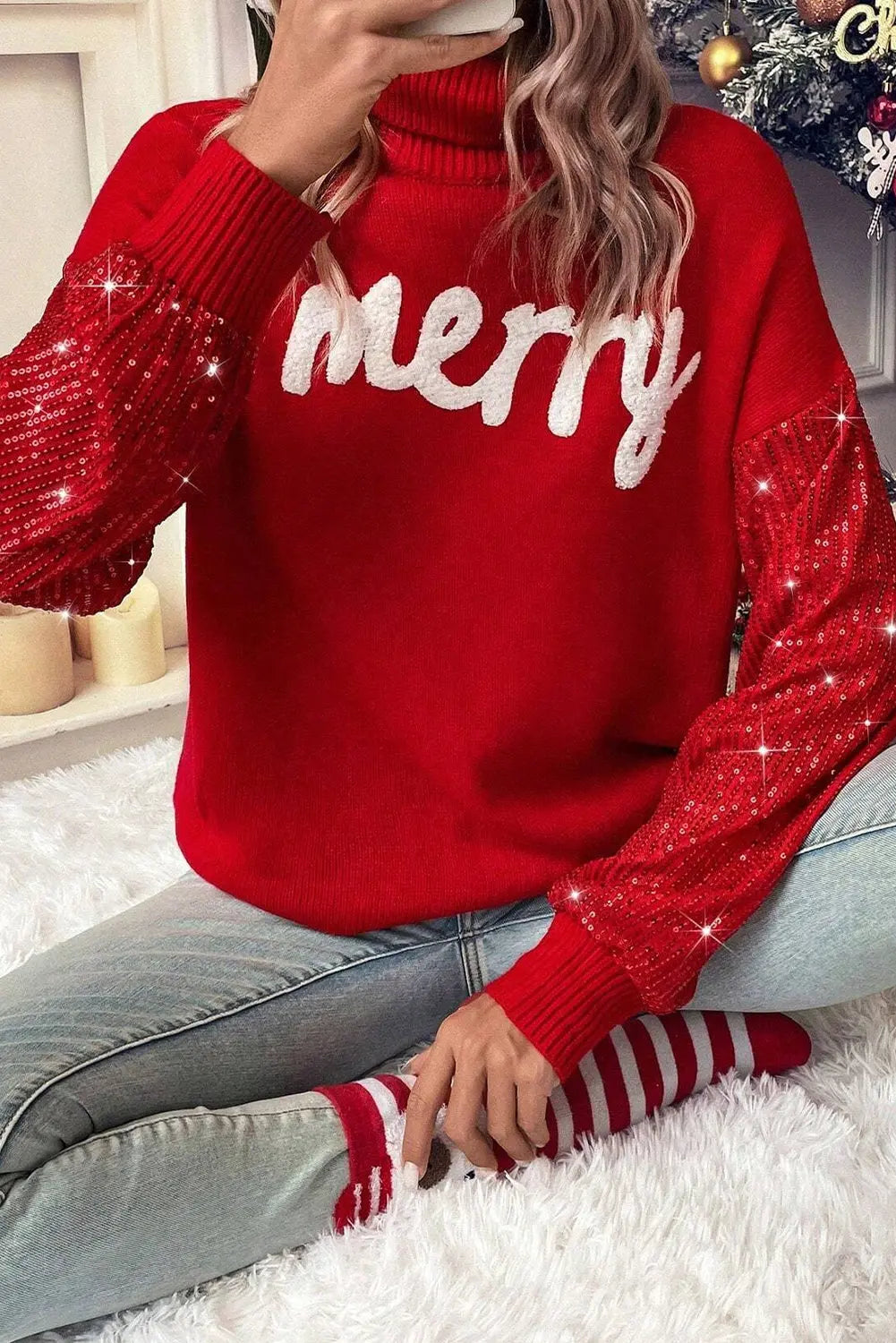 Racing Red Merry Graphic Sequin Sleeves Christmas Turtleneck Sweater Dear-Lover Dropshipping
