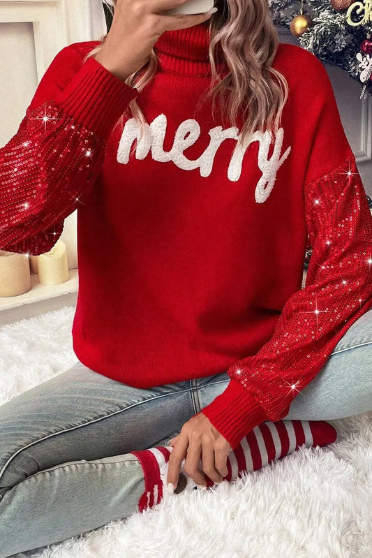 Racing Red Merry Graphic Sequin Sleeves Christmas Turtleneck Sweater Dear-Lover Dropshipping