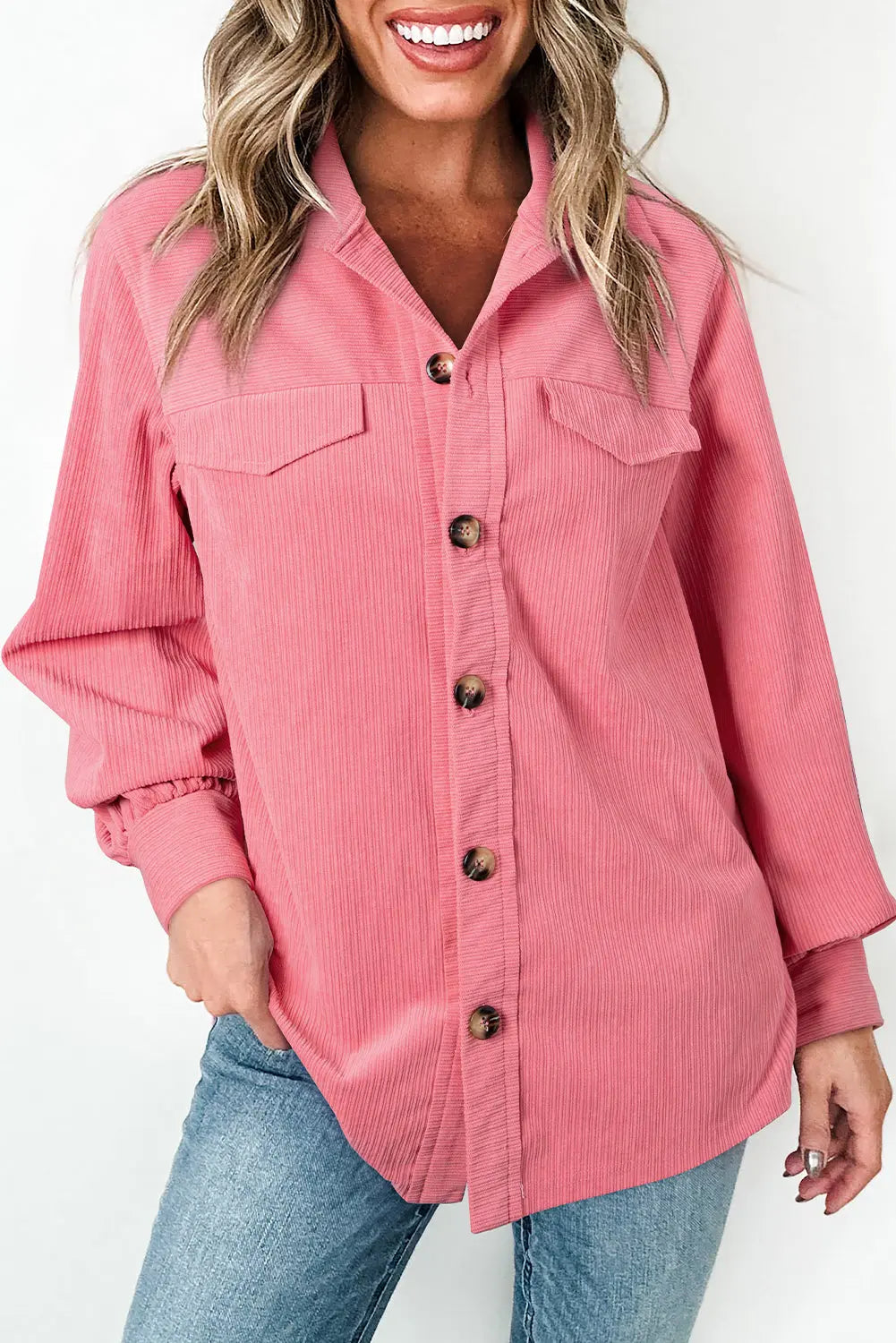 Bonbon Corduroy Flap Detail Button Up Split Shacket Dear-Lover Dropshipping