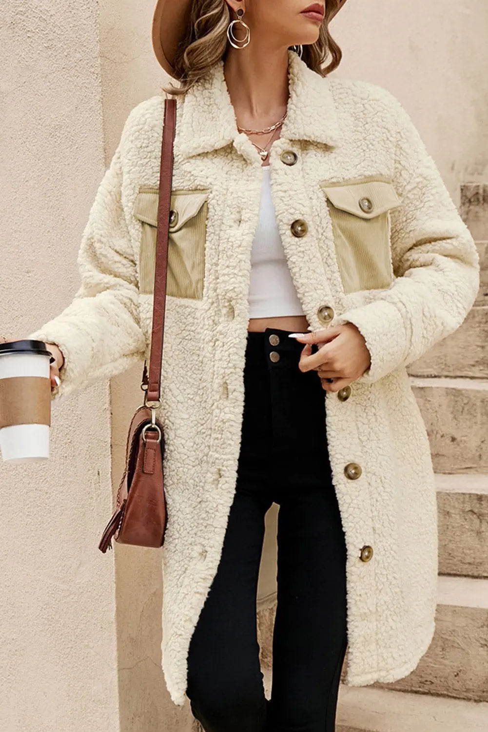 Beige Contrast Flap Pocket Single Breasted Teddy Coat Dear-Lover Dropshipping