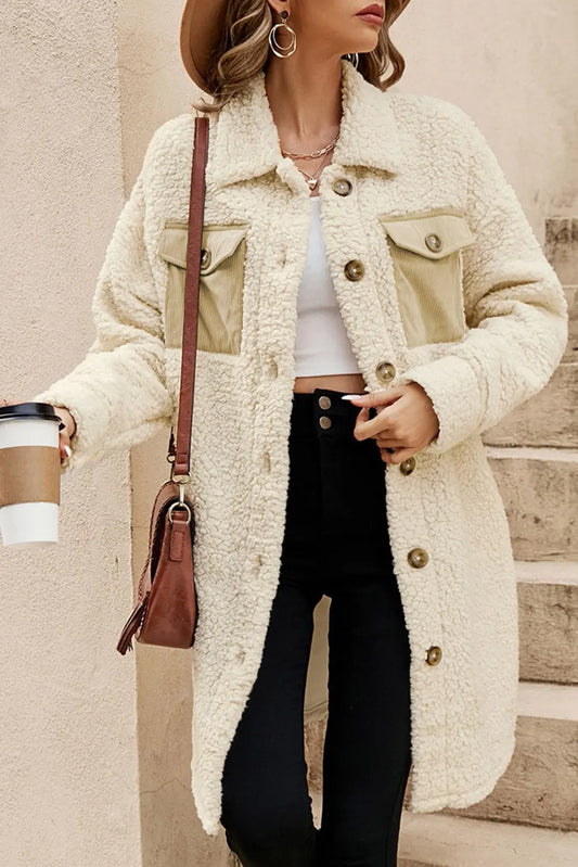 Beige Contrast Flap Pocket Single Breasted Teddy Coat Dear-Lover Dropshipping