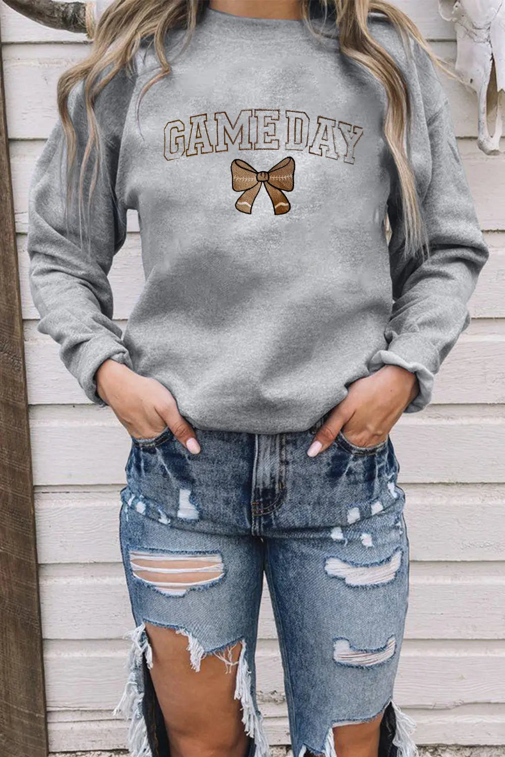 Gray GAME DAY Rugby Bow Embroidered Casual Sweatshirt Dear-Lover Dropshipping