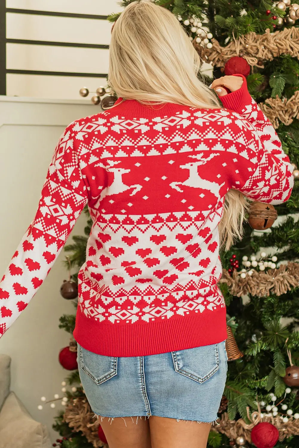 Fiery Red Merry Christmas Reindeer Heart Pattern High Neck Sweater Dear-Lover Dropshipping