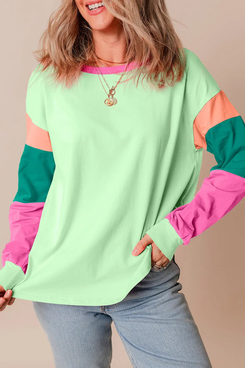 Green Colorblock Patchwork Long Sleeve Loose Top Dear-Lover Dropshipping