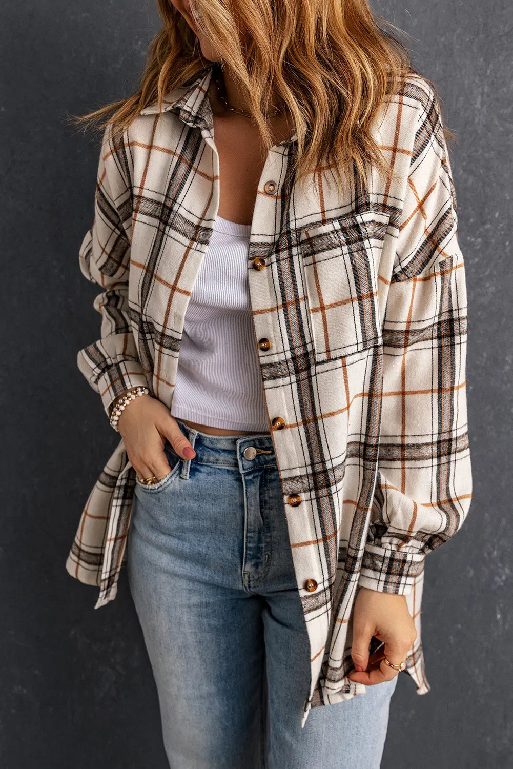 White Oversized Plaid Pattern Shacket with Slits Dear-Lover Dropshipping