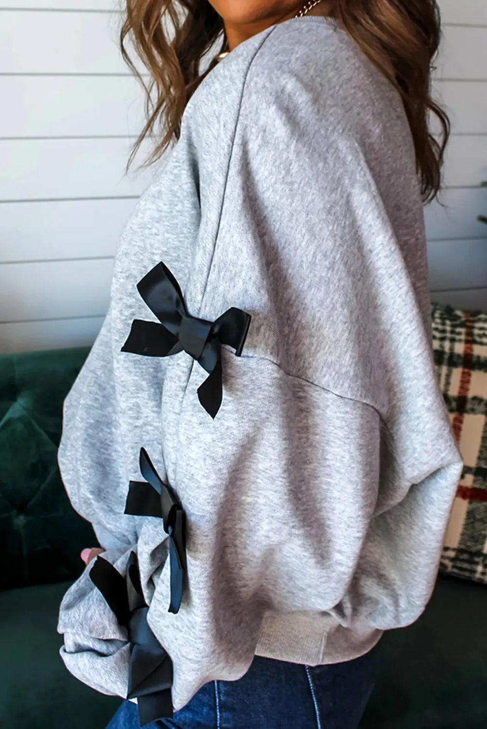 Light Grey Sequin Santa Claus Patched Ribbon Bow Detail Split Sleeve Baggy Sweatshirt Dear-Lover Dropshipping