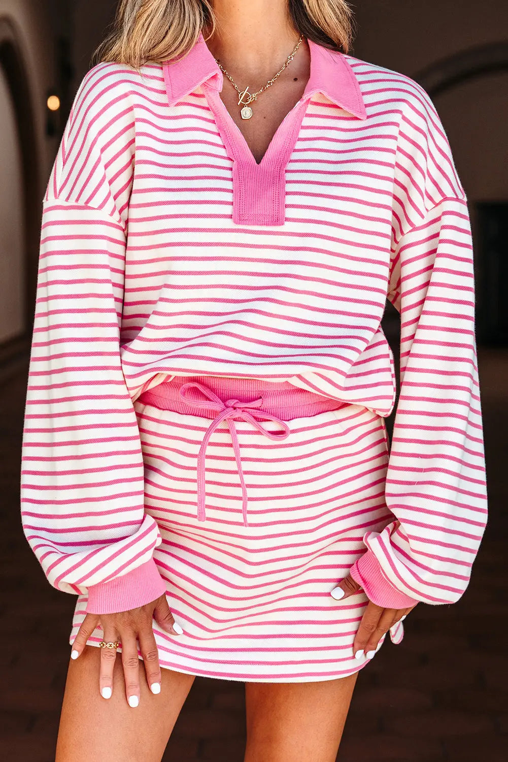 Pink Stripe Collared V Neck Drop Shoulder Pullover and Skort 2pcs Outfit Dear-Lover Dropshipping