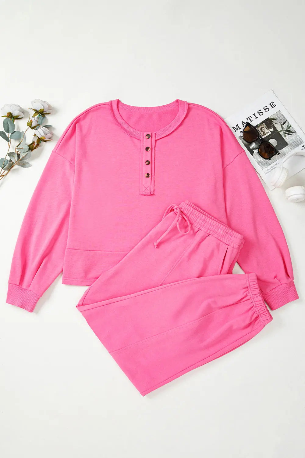Bright Pink Plus Size Henley Drop Shoulder Pullover and Jogger Pants Two Piece Set Dear-Lover Dropshipping