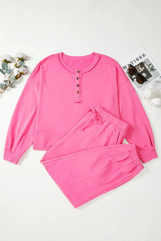 Bright Pink Plus Size Henley Drop Shoulder Pullover and Jogger Pants Two Piece Set Dear-Lover Dropshipping