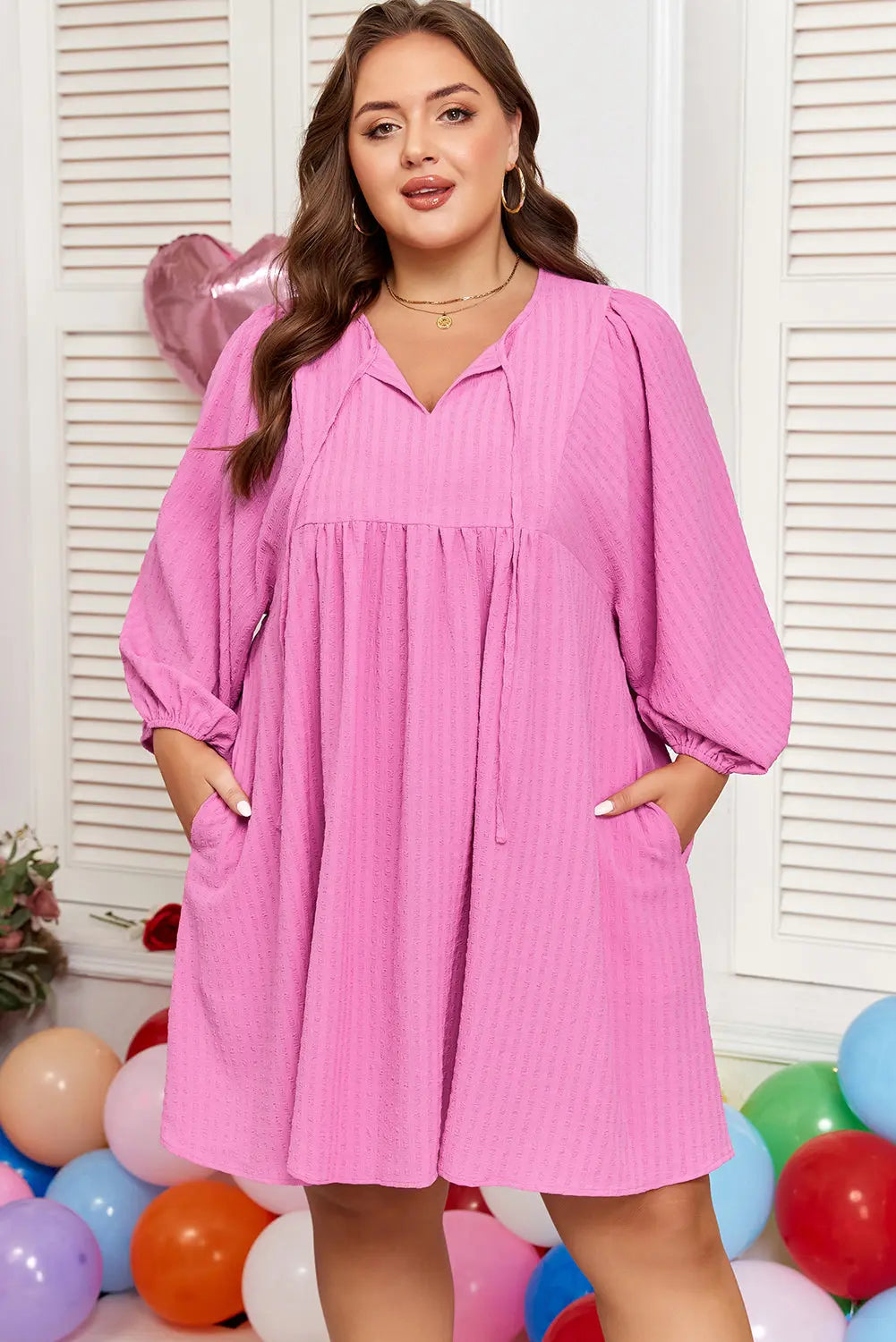 Sachet Pink Plus Size Textured Tie Split Neck Puff Sleeve Flowy Mini Dress Dear-Lover Dropshipping