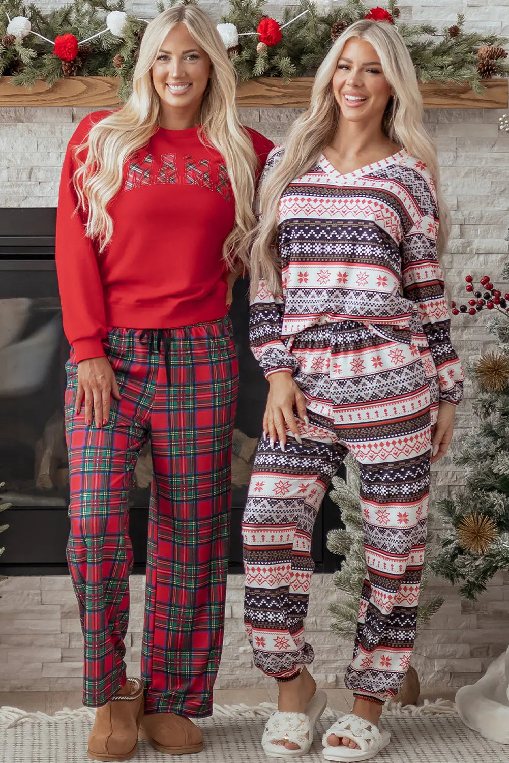 Red Plaid Mama Graphic Christmas Holiday Crewneck Pullover and Pants Two Piece Lounge Set Dear-Lover Dropshipping