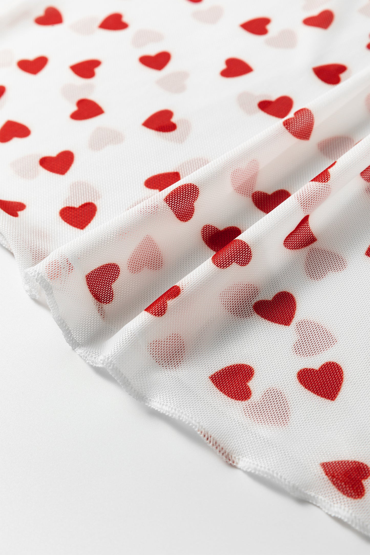 Red Allover Heart Print Mesh Short Sleeve Top