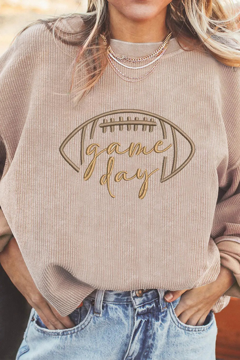 Apricot Rugby Game Day Embroidered Corduroy Sweatshirt Dear-Lover Dropshipping