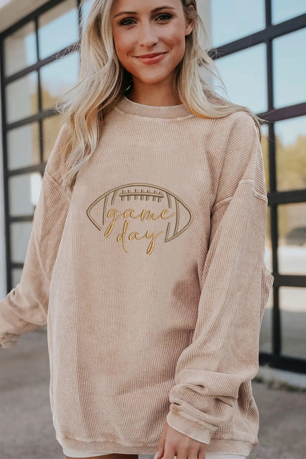 Apricot Rugby Game Day Embroidered Corduroy Sweatshirt Dear-Lover Dropshipping