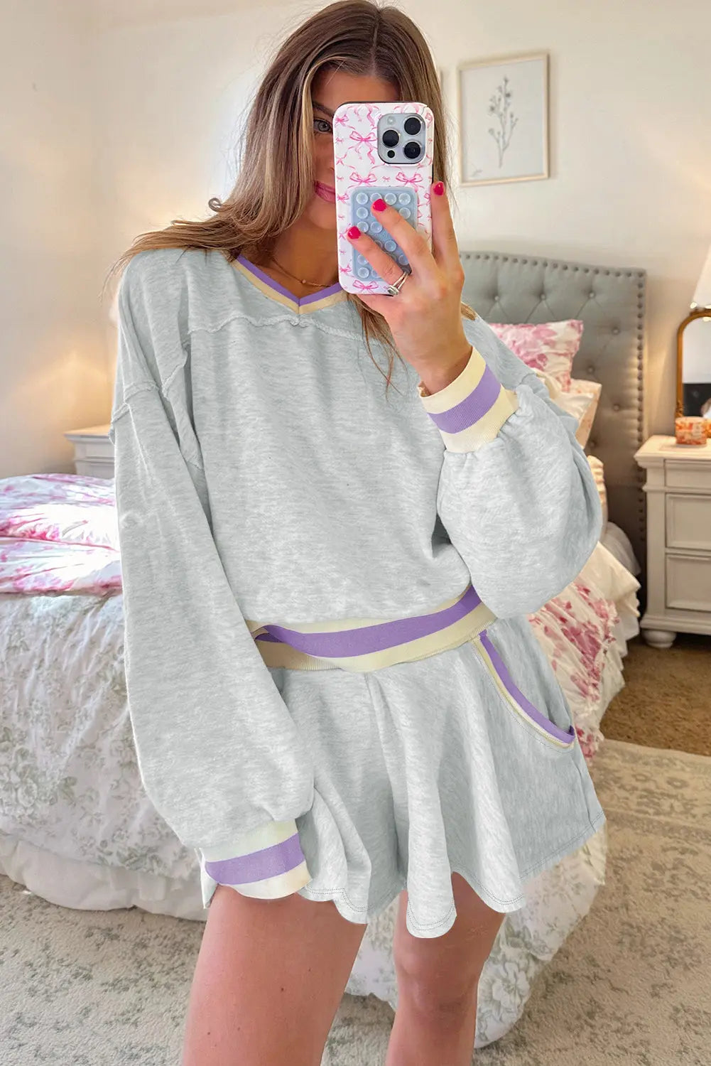 Light Grey Contrast Striped Bands Cropped Pullover and Athletic Short Set Dear-Lover Dropshipping
