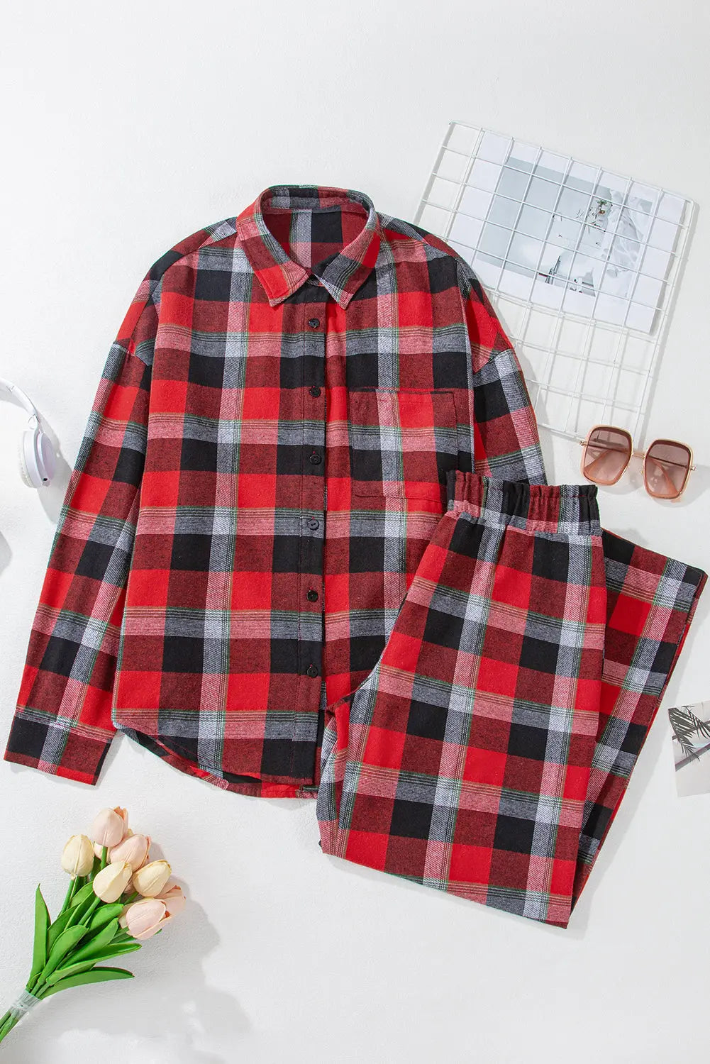 Red Christmas Checkered Pattern Loose Shirt and Pants Lounge Set Dear-Lover Dropshipping