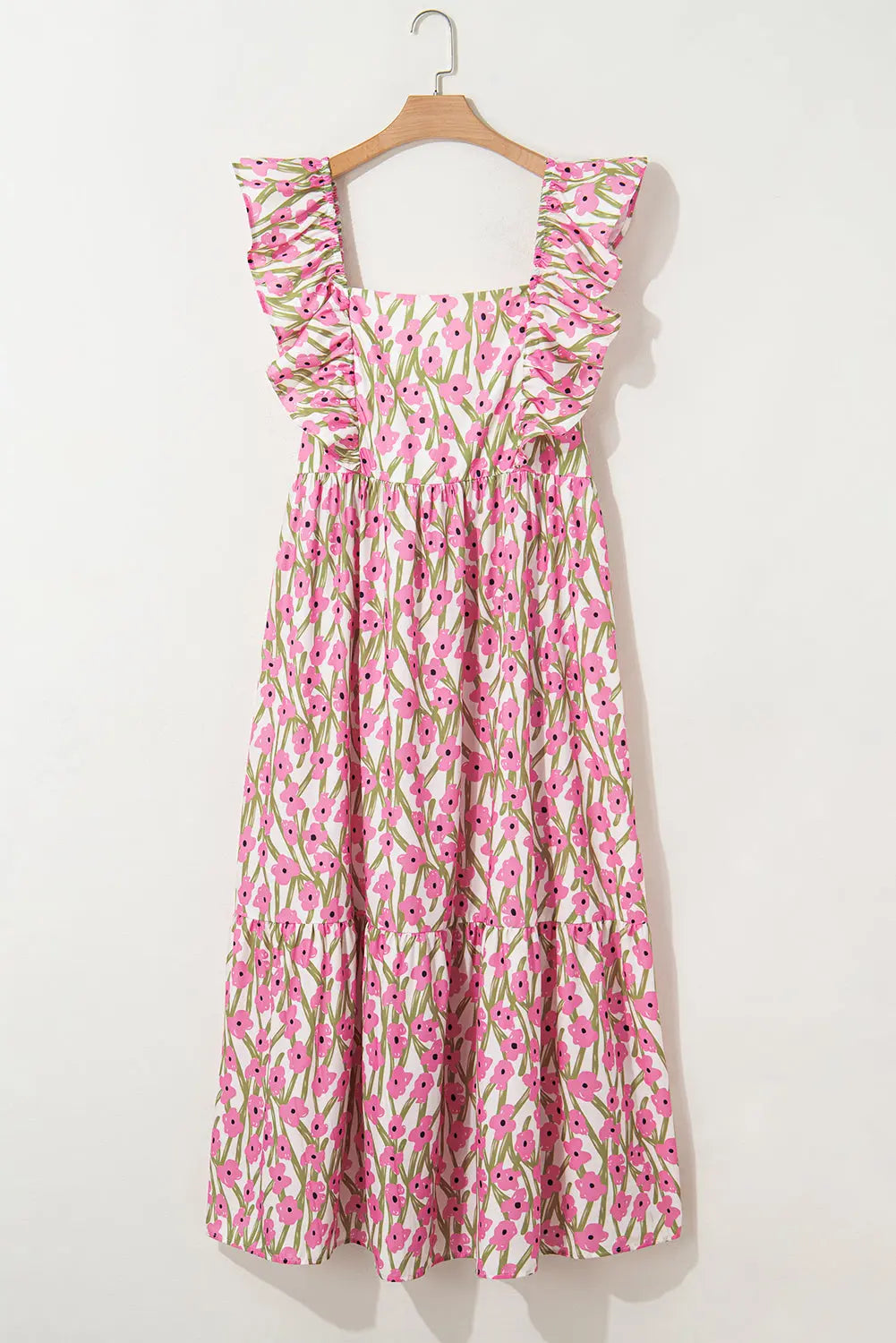 Pink Plus Size Ruffle Trim Square Neck High Waist Floral Maxi Dress Dear-Lover Dropshipping