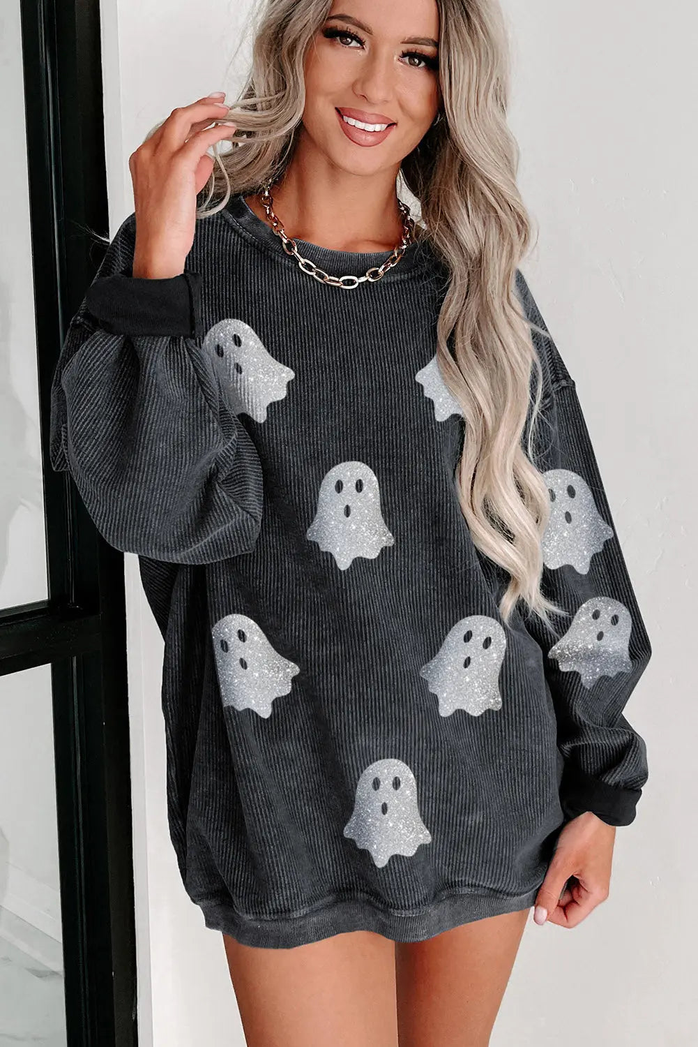 Black Halloween Ghost Corded Crew Neck Loose Sweatshirt Dear-Lover Dropshipping