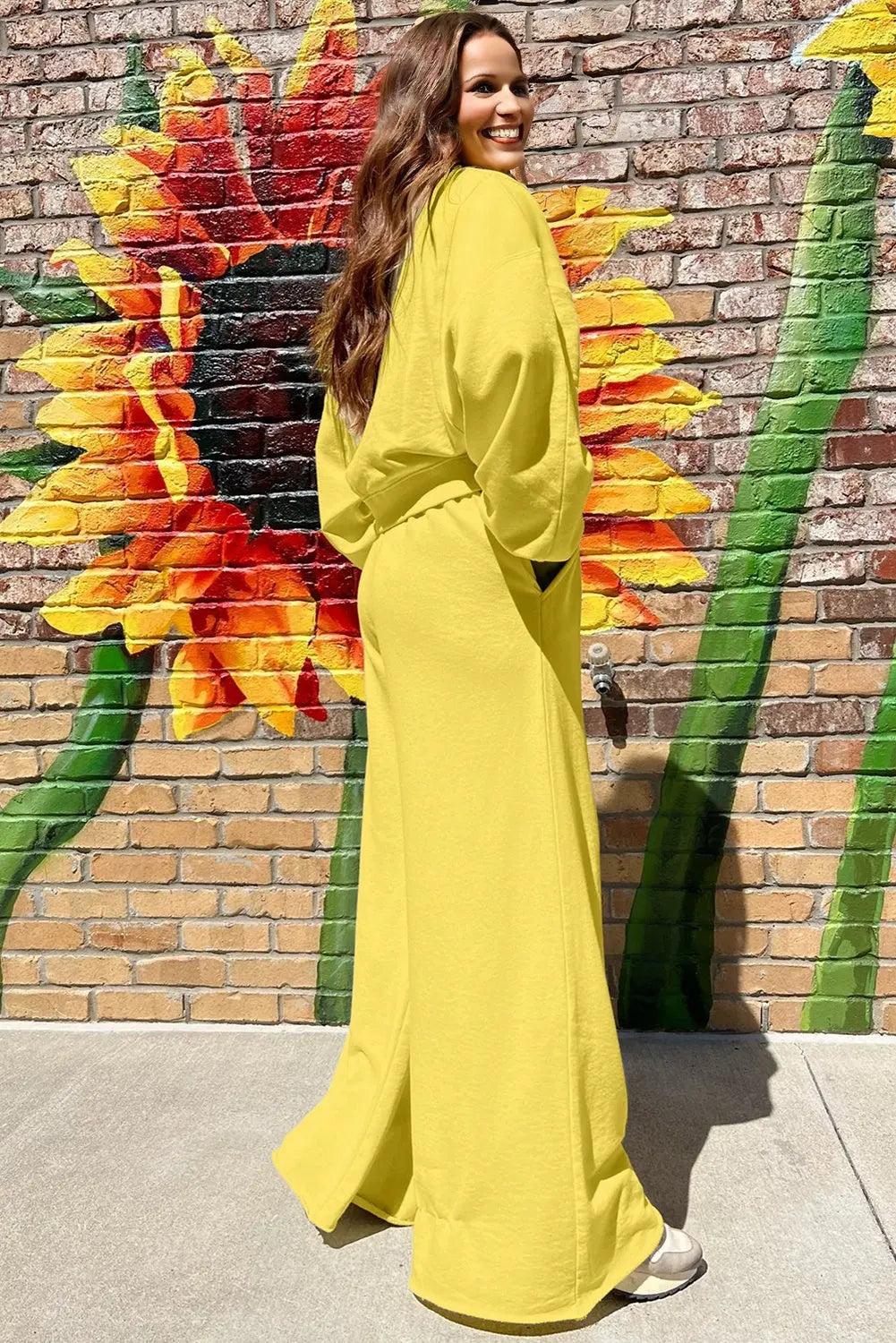 Yellow Cream Drop Shoulder Puff Sleeve Crop Pullover Drawstring Wide Leg Pants Set Dear-Lover Dropshipping