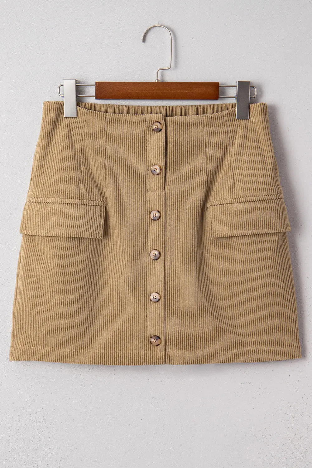 Camel Corduroy Buttoned Front Faux Pockets Mini Skirt Dear-Lover Dropshipping