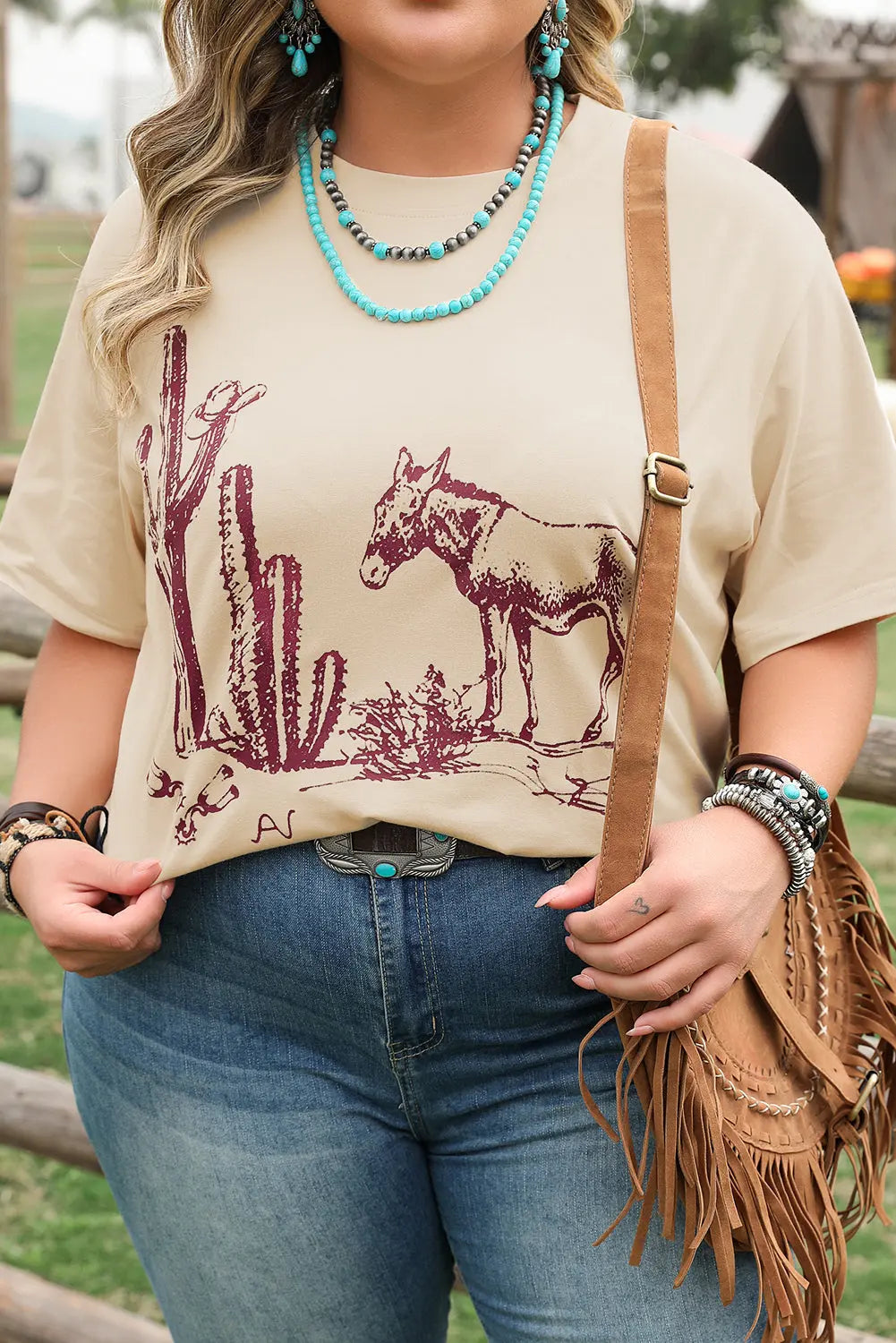 Parchment Western Burro Cactus Crew Neck Graphic Tee Dear-Lover Dropshipping