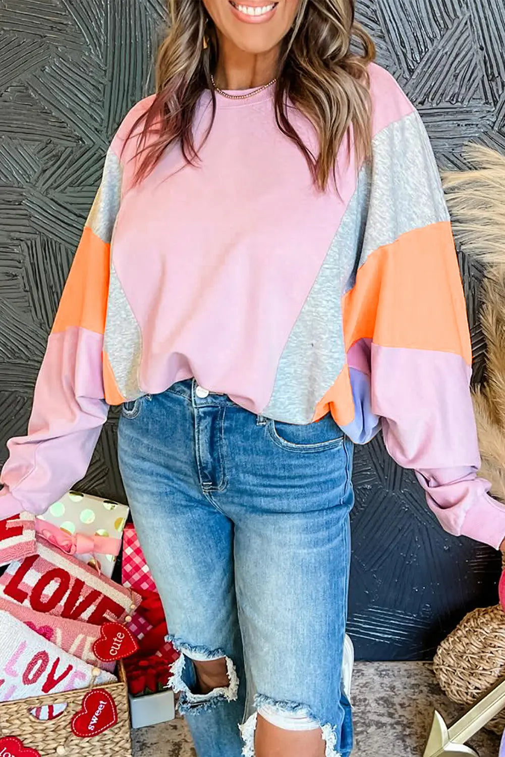 Light Pink Color Block Batwing Sleeve Loose Fit Sweatshirt Dear-Lover Dropshipping