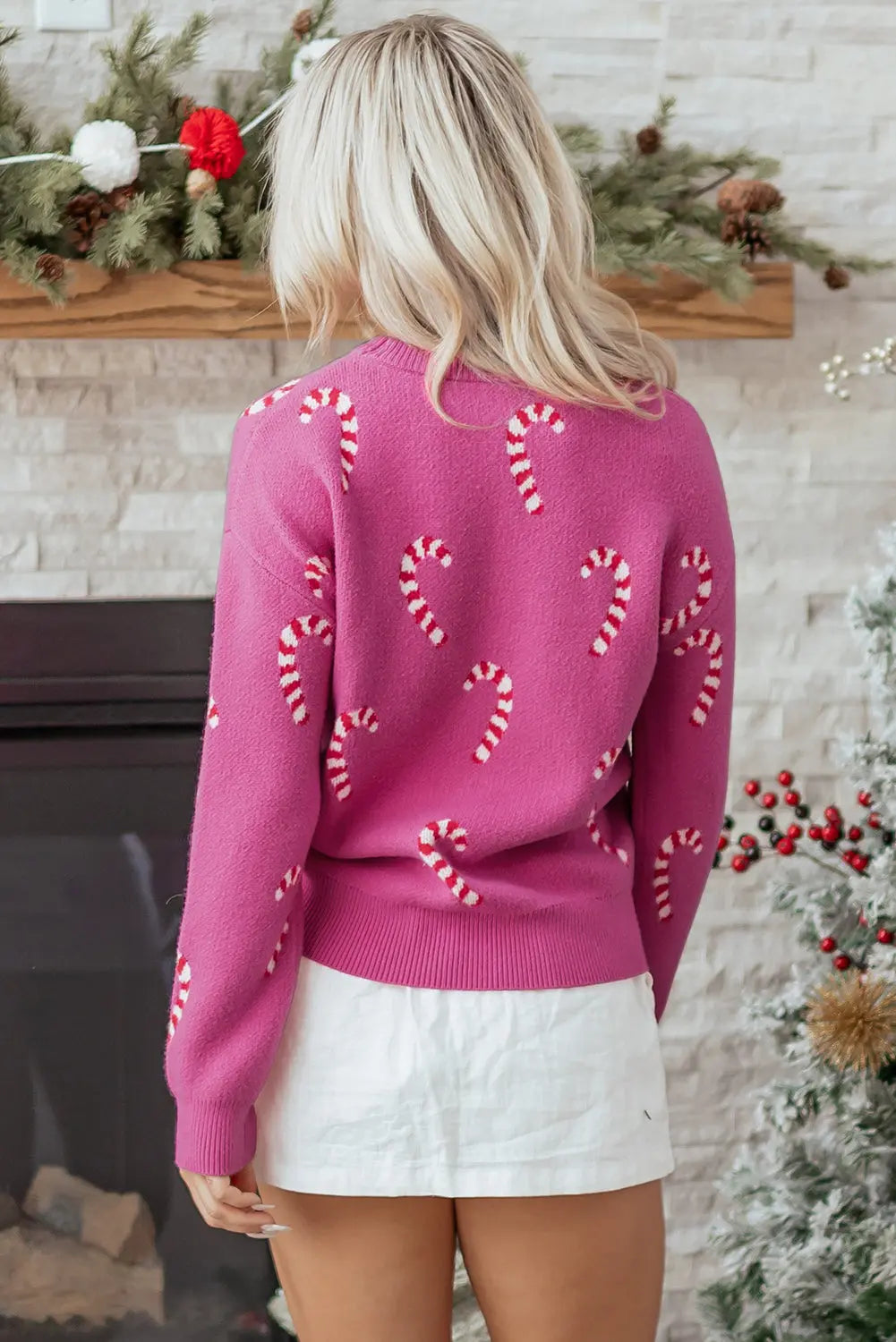 Sachet Pink Christmas Candy Cane Holiday Drop Shoulder Sweater Dear-Lover Dropshipping