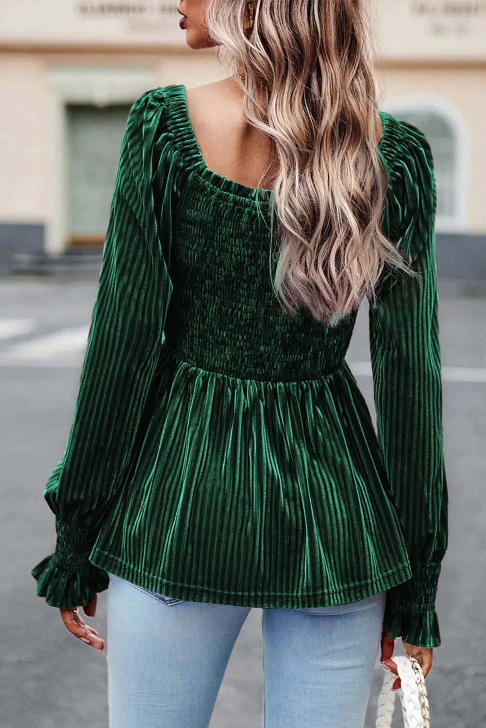 Blackish Green Smocked Ribbed Velvet Babydoll Top Dear-Lover Dropshipping