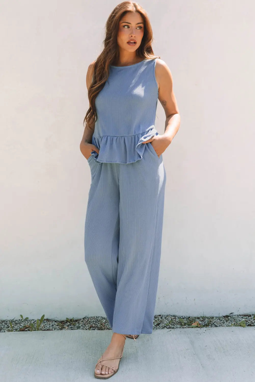 Beau Blue Solid Color Ribbed Ruffle Tank Top and Pants Set Dear-Lover Dropshipping