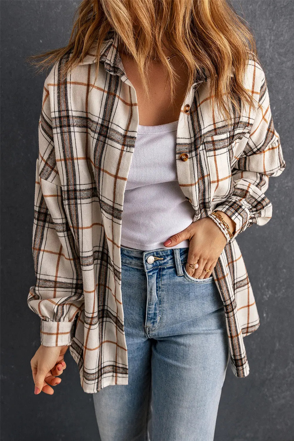 White Oversized Plaid Pattern Shacket with Slits Dear-Lover Dropshipping