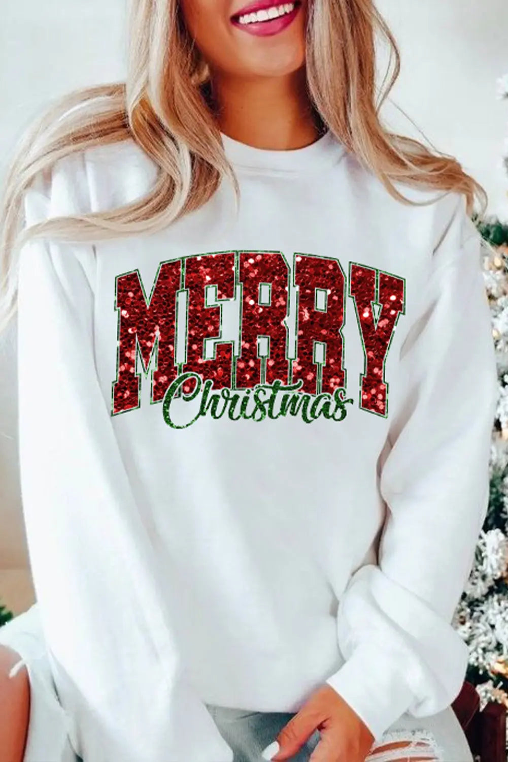 Beige MERRY Christmas Heat Transfer Printing Crewneck Pullover Sweatshirt Dear-Lover Dropshipping