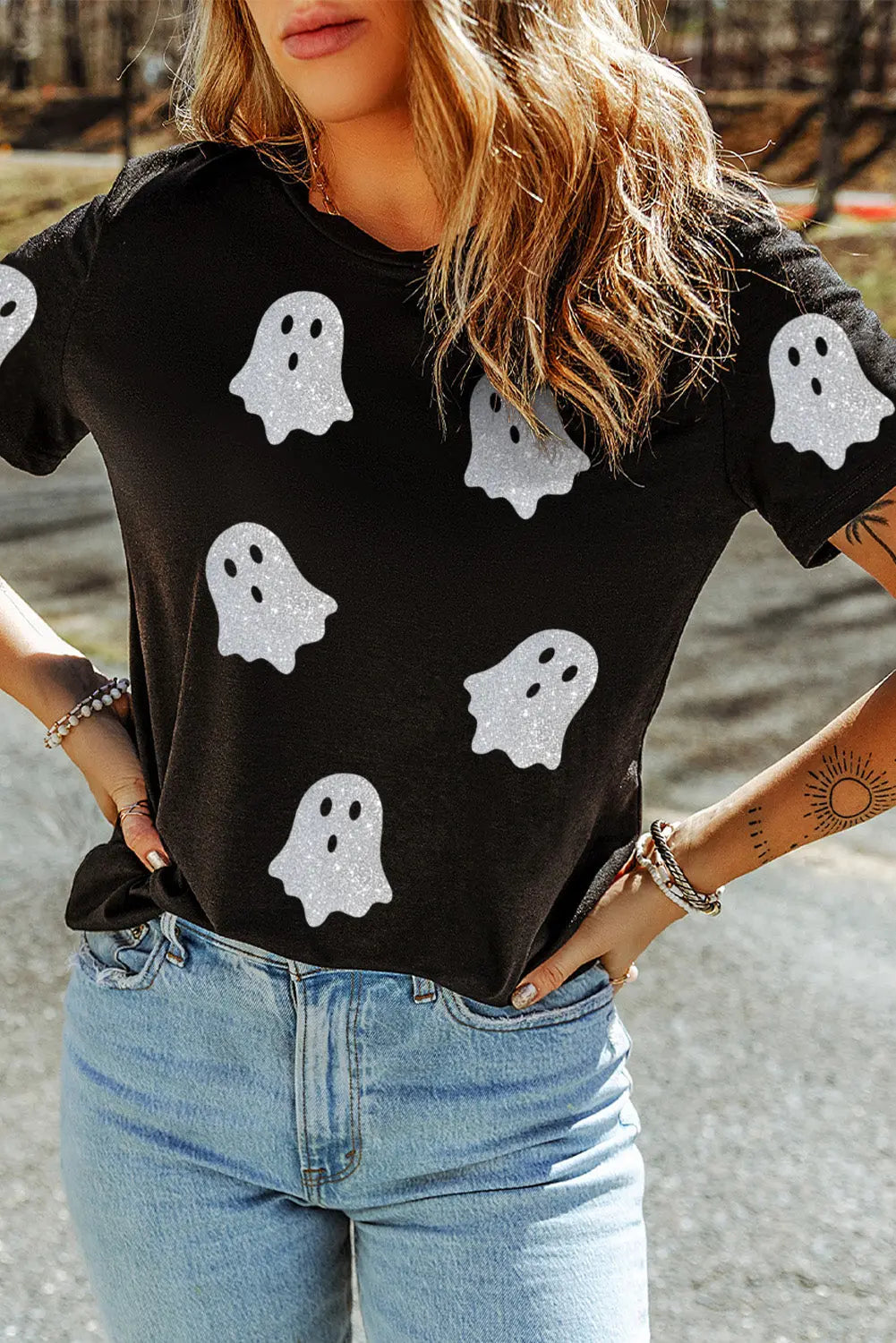 Black Glitter Ghost Pattern Crew Neck Halloween T Shirt Dear-Lover Dropshipping