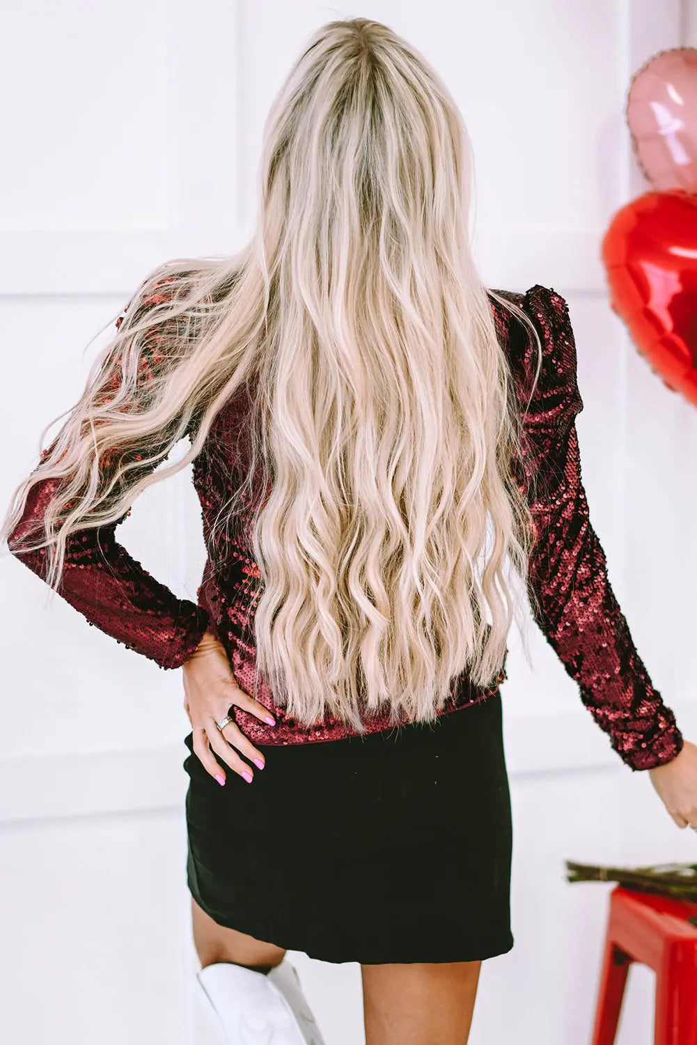 Burgundy Sequin Mock Neck Bubble Sleeve Top Dear-Lover Dropshipping