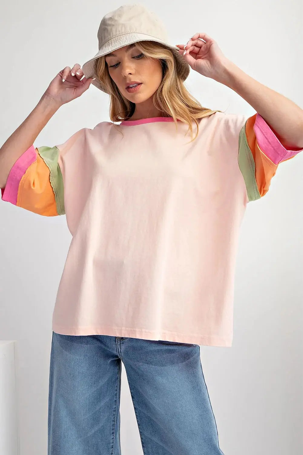 Pink Color Block Stitching Sleeve Round Neck Oversize Top Dear-Lover Dropshipping