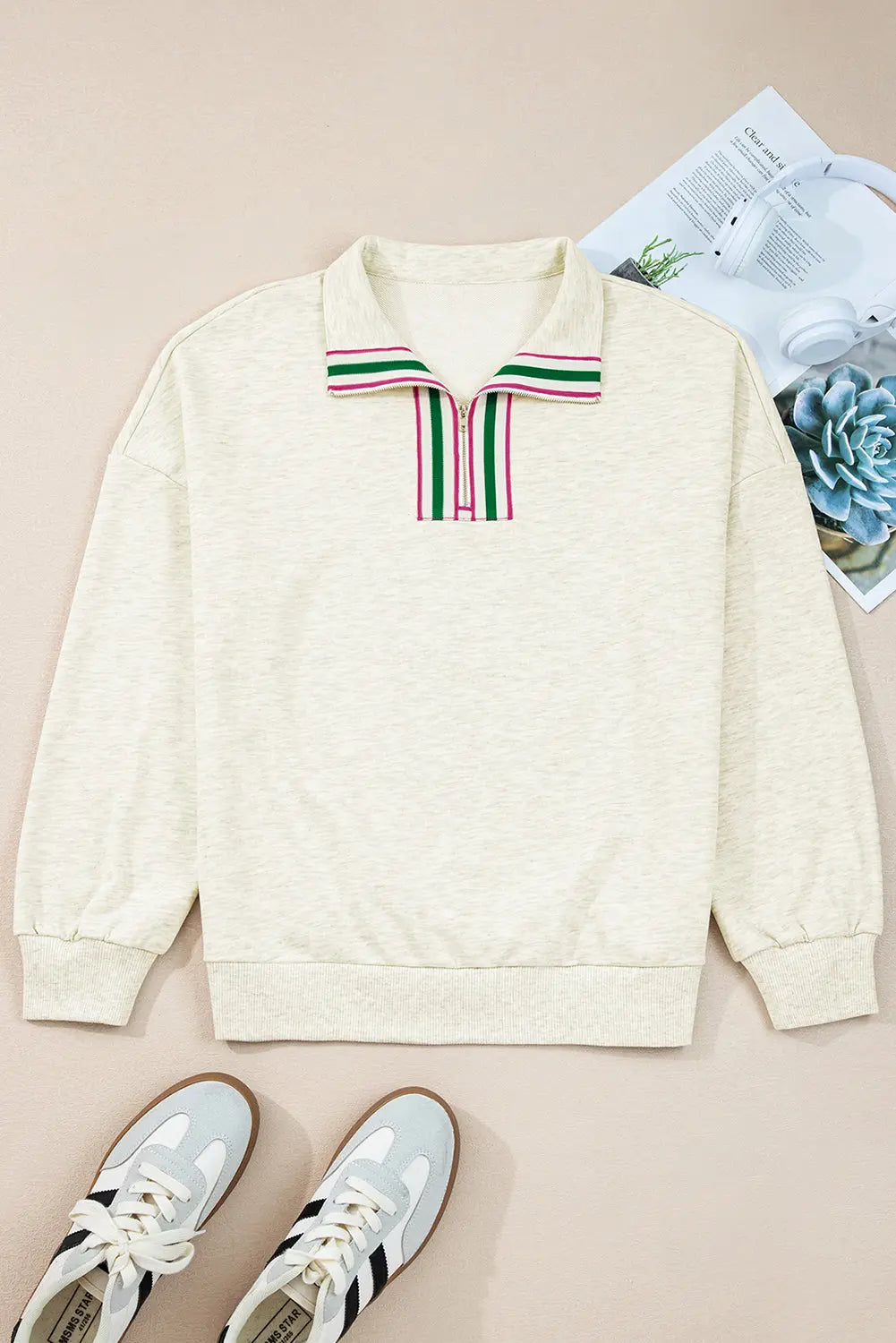 Light Grey Contrast Striped Patchwork Zip Collar Pullover Sweatshirt Dear-Lover Dropshipping