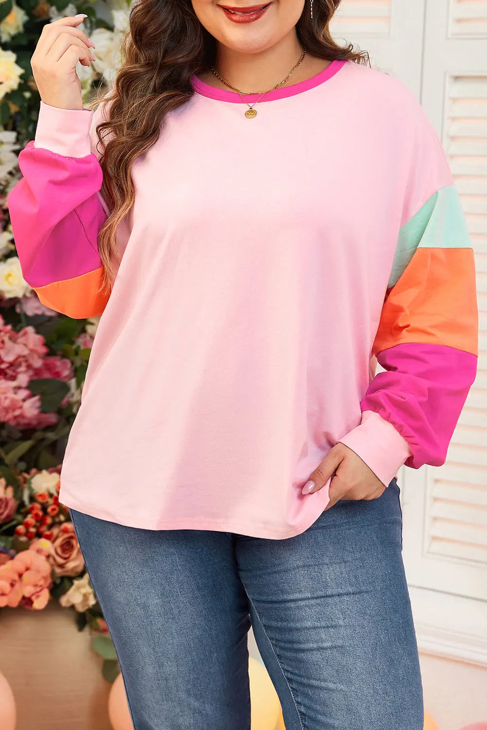 Pink Colorblock Patchwork Long Sleeve Plus Size Top Dear-Lover Dropshipping
