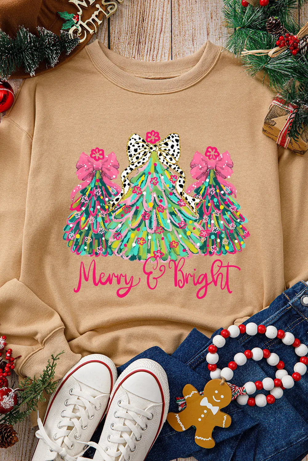 Khaki Merry & Bright Christmas Tree Print Pullover Sweatshirt Dear-Lover Dropshipping