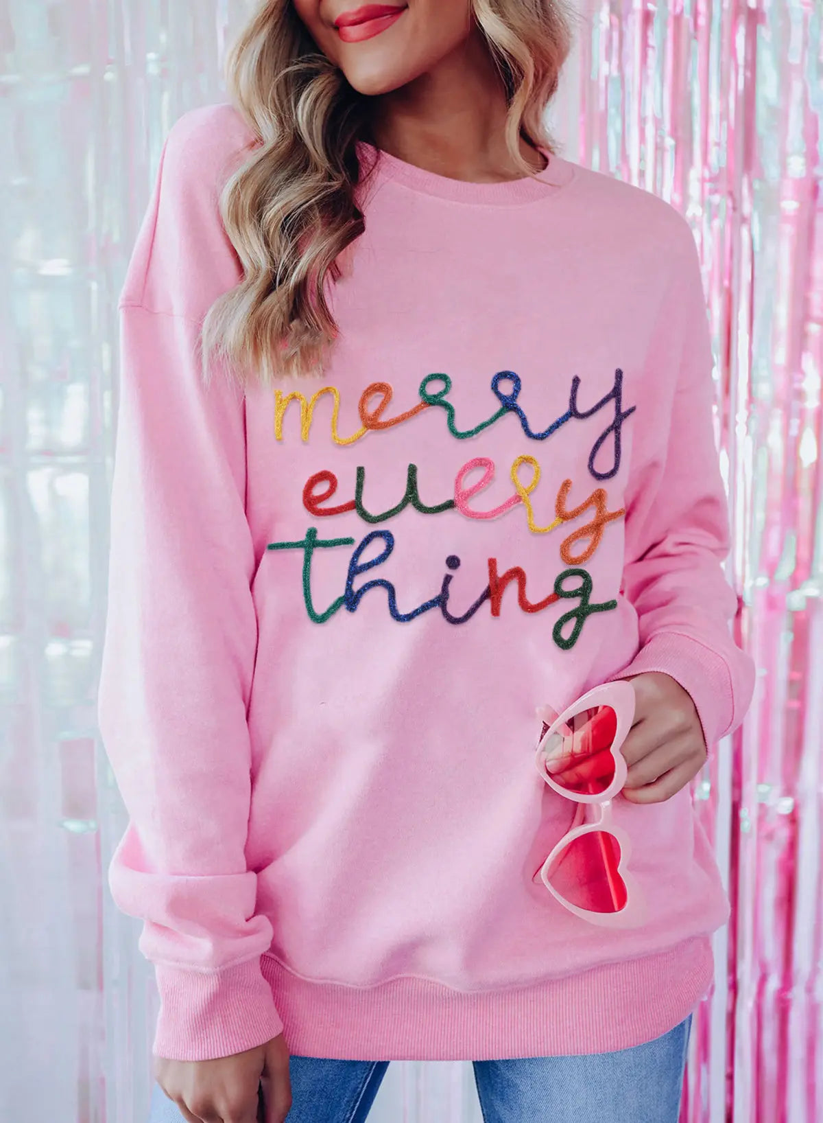 Peach Blossom Merry Every Thing Tinsel Slogan Sweatshirt Dear-Lover Dropshipping