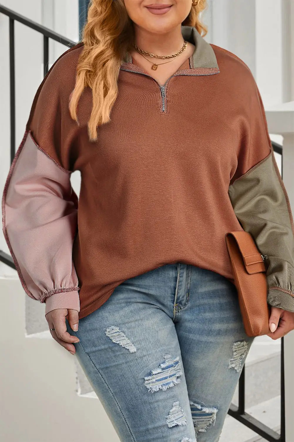 Gold Flame Plus Size Colorblock Exposed Seam Quarter Zip Sweatshirt Dear-Lover Dropshipping