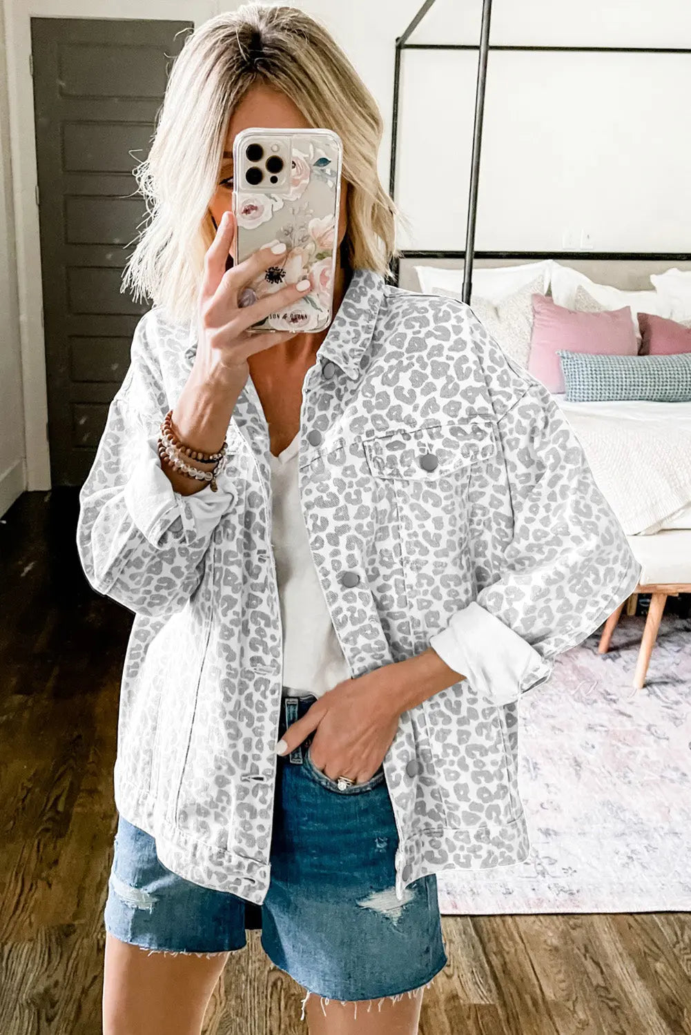 White Leopard Printed Flap Pocket Denim Jacket Dear-Lover Dropshipping