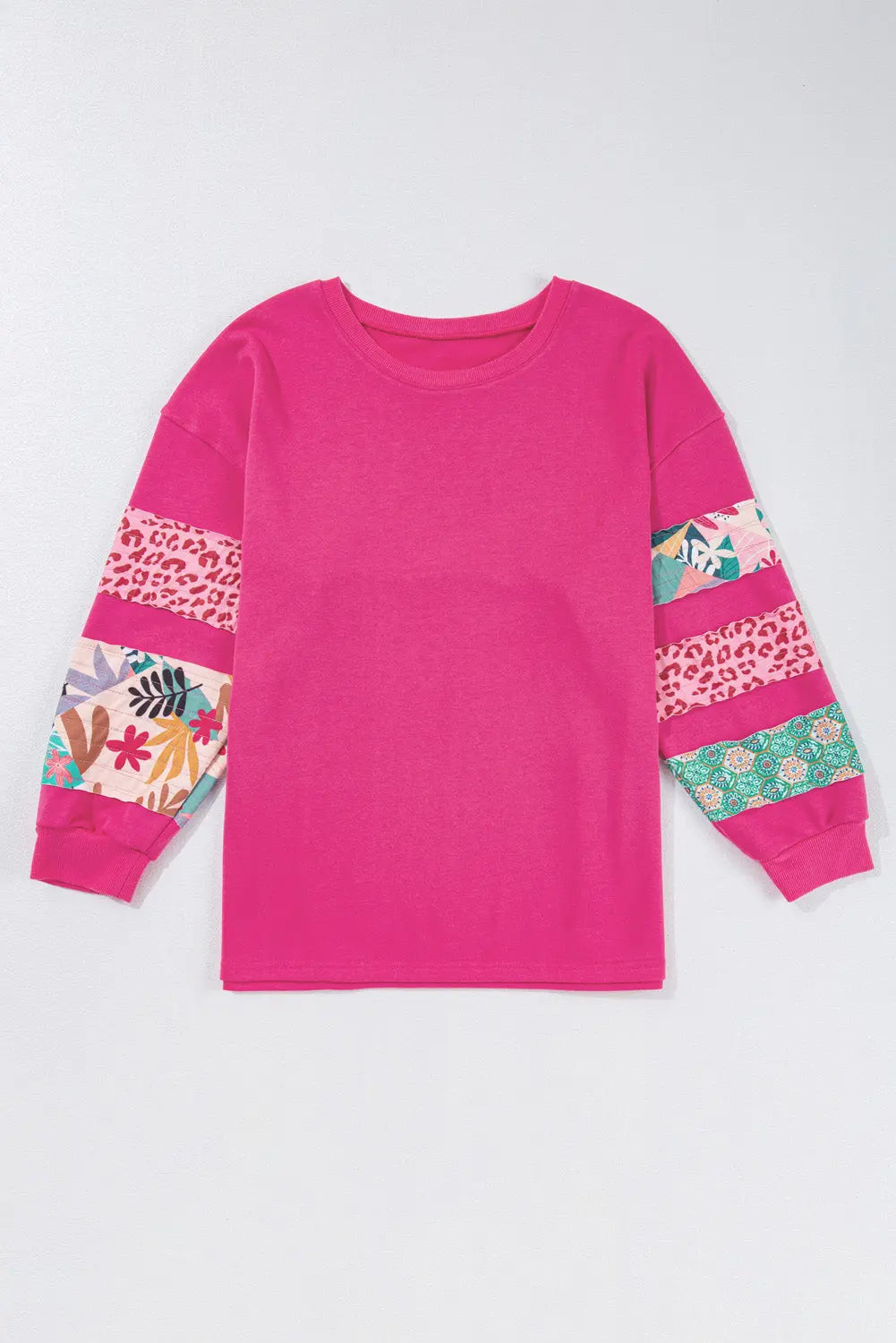 Rose Red Plus Size Printed Patchwork Sleeve Split Sweatshirt Dear-Lover Dropshipping