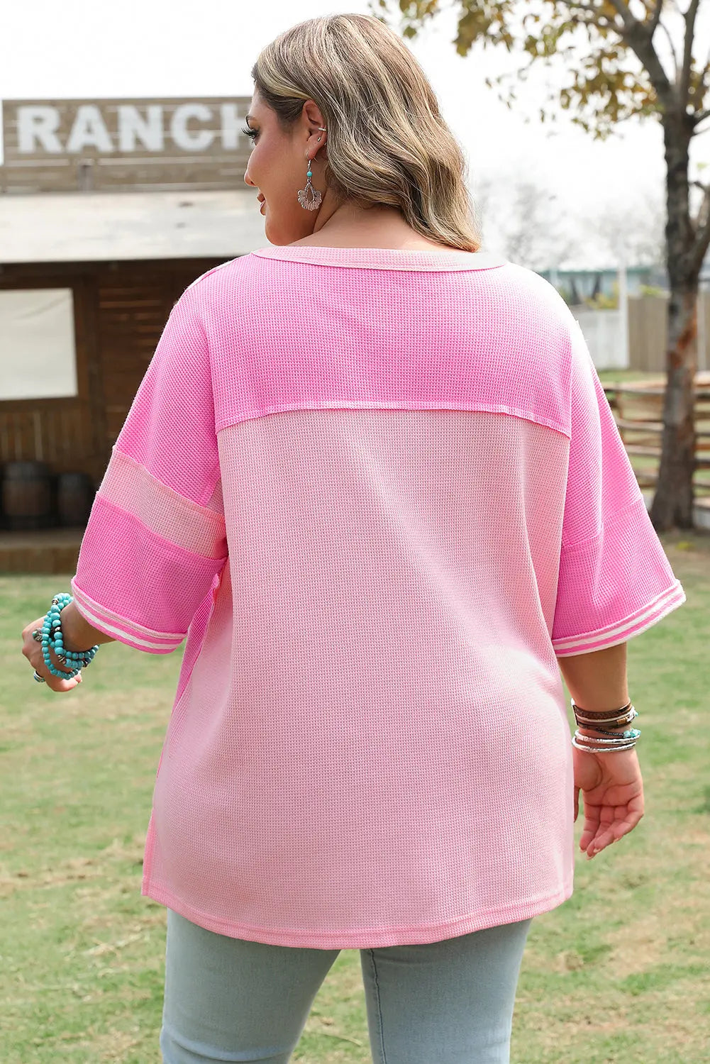 Pink Stripe Patchwork Colorblock Plus Size T Shirt Dear-Lover Dropshipping