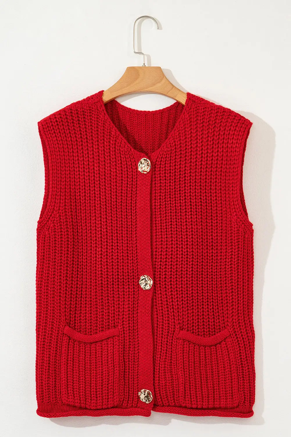 Fiery Red Solid Textured Knit Side Pockets Buttoned Sweater Vest Dear-Lover Dropshipping