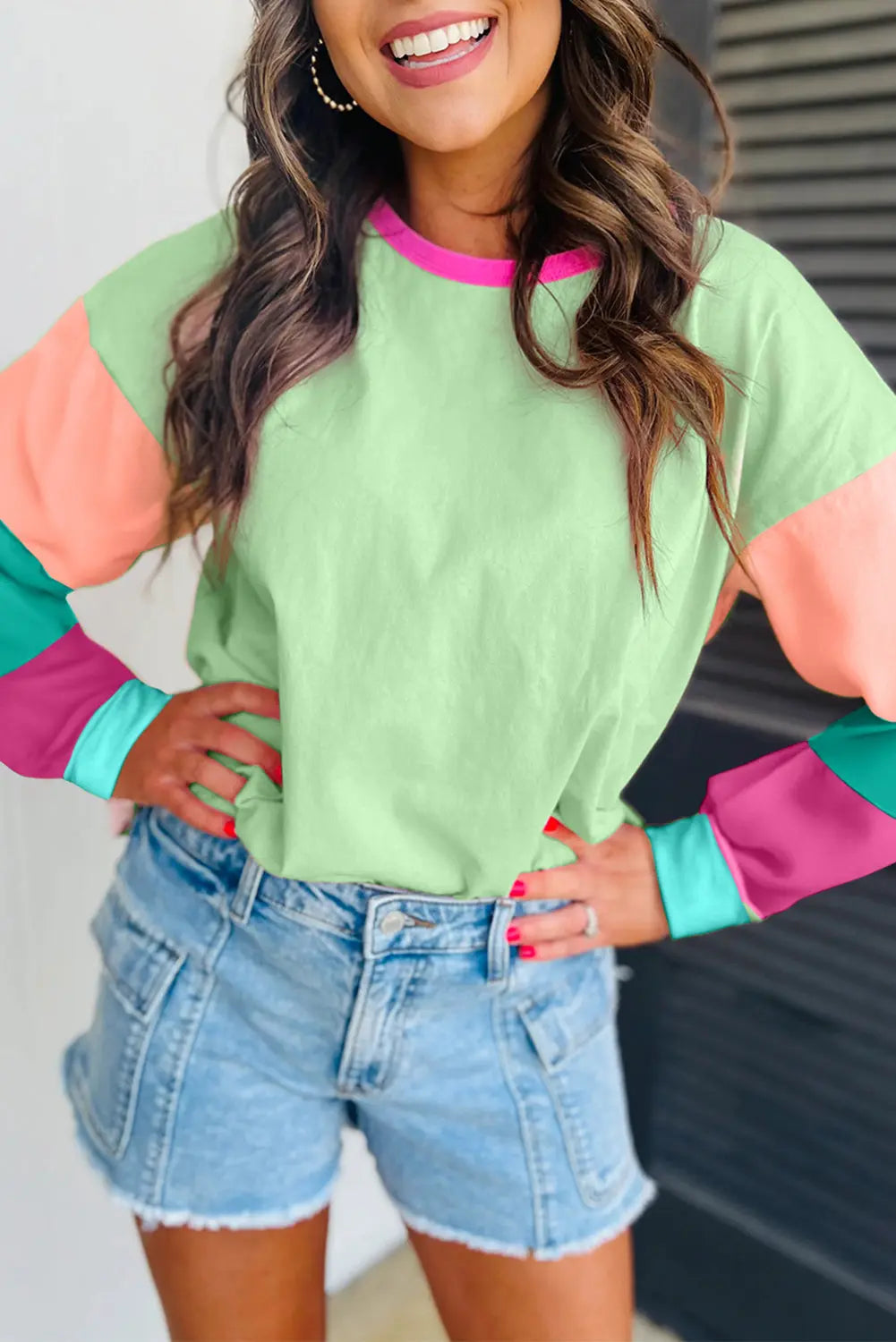 Green Colorblock Patchwork Long Sleeve Loose Top Dear-Lover Dropshipping